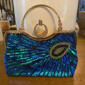 Beaded Bag Sequin Peacock Evening Clutch Purse for Women Formal Evening Blue